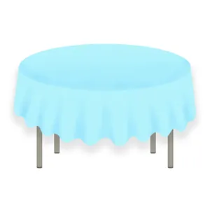 Detail view of light blue PEVA round tablecloth on metal table legs with white background