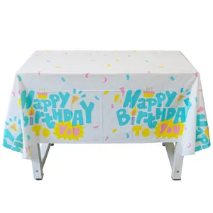 Mantel desechable blanco Feliz Cumpleaños con motivos de tartas y confeti de colores