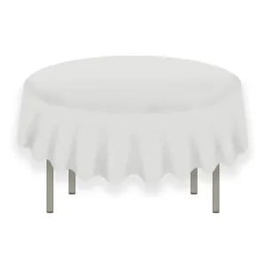 Detail of white 84-inch round PEVA tablecloth featuring smooth drape and natural folds