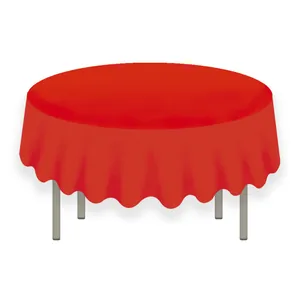 Solid red 84 inch round PEVA tablecloth featuring elegant draped edges on a white background