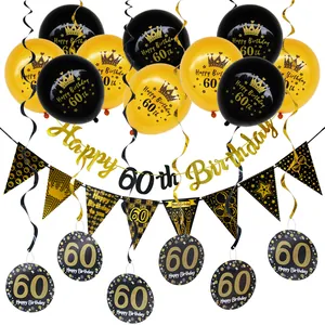 Black Gold Birthday Party Decoration Kit Happy Birthday Banner Latex Balloons Spirals For Milestone Birthday Celebration