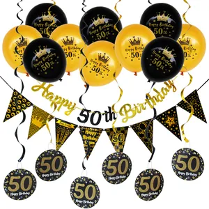 Elegant 50th Birthday decoration set with black and gold balloons, banners, and swirls