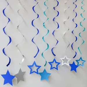Blue and silver spiral party hanging decorations with glitter star pendants