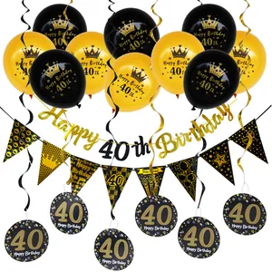 Elegant black and gold 40th birthday party decoration set with balloons and banners