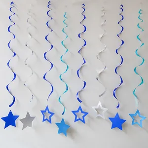 Blue and silver spiral party decorations with glittery star-shaped hanging pendants