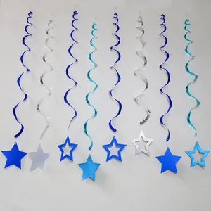 Blue and silver spiral party streamers with star pendants for ceiling decoration