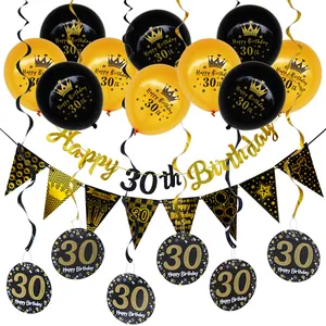 Elegant 30th Birthday decoration set with black and gold balloons and banners