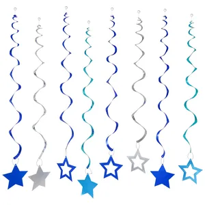 Blue and silver star spiral hanging swirl decorations set for birthday party events