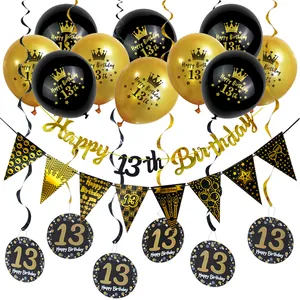 Detail of 13th birthday decoration set with black gold balloons and banner