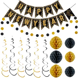 Set de décoration de fête Nouvel An 2025 noir et or avec bannières et boules alvéolées