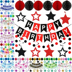 Happy Birthday Decoration Set With Paper Honeycomb Balls Star Spirals Banner For Birthday Party Events Supplies Multicolor Hanging Ornaments