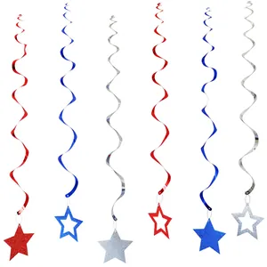 Hanging party swirl decorations with red blue and silver glitter stars for birthdays