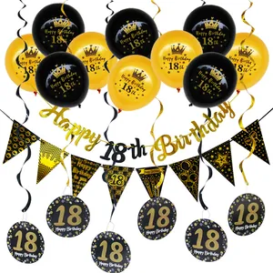 Black and gold 18th birthday party decoration set with balloons and happy birthday banners