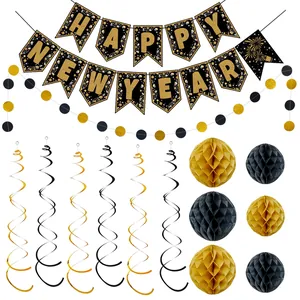 Détails du kit de fête Nouvel An avec bannières pailletées et décorations en papier alvéolé