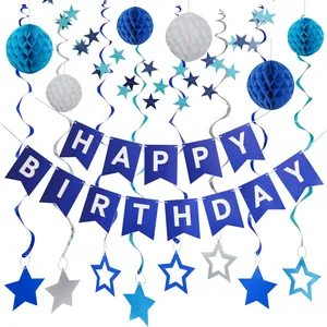 Blue themed birthday party decoration set with stars, spiral swirls and banner