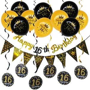 Detail view of black and gold 16th birthday party decoration set with balloons and banner