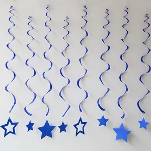 Blue hanging star swirls decorations for birthday parties with glossy metallic finish