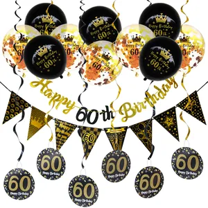 Detail of 60th birthday party set with black gold balloons and happy birthday banner