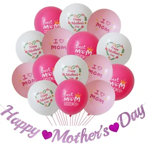 Happy Mother's Day Decoration Kit Glitter Banner Latex Balloons Heart Flower Pattern For Mom Party Decor Pink White Purple