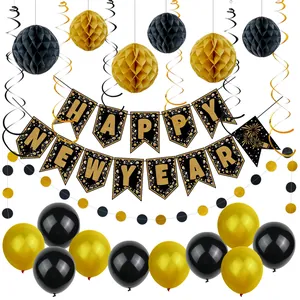 Kit déco Nouvel An noir et or avec bannières ballons et boules alvéolées pour fête festive