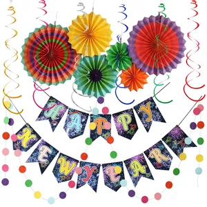 Kit décoration fête Nouvel An 2025 coloré avec bannières, éventails et spirales