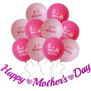 Pink Mother's Day party set with I Love Mom balloons and Happy Mother's Day glitter banner