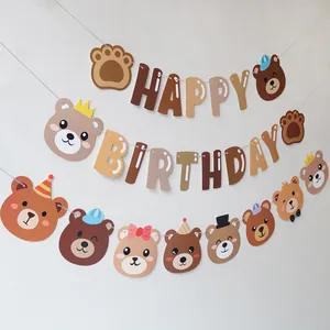 Set di striscioni di compleanno a tre livelli con orsetti marroni e scritta Happy Birthday
