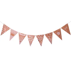 Rose gold 70th birthday triangle bunting banner with Happy Birthday crowns and balloons