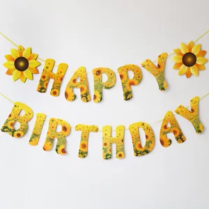 Banderole Joyeux Anniversaire tournesol avec fleurs colorées pour décor de fête