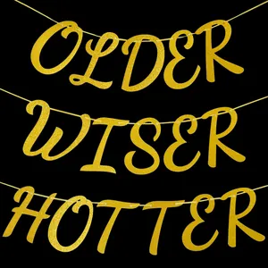 Golden glitter Older Wiser Hotter banner for party decoration on black background