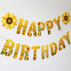 Banderole Happy Birthday tournesol avec lettres florales pour déco d'anniversaire