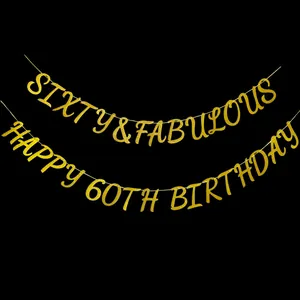 Gold glitter Sixty & Fabulous Happy 60th Birthday banner for party decorations