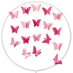 3D pink paper butterfly mobile decoration with hanging garlands for party room decor