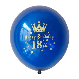 Detail van marineblauwe 18e verjaardagsballon met gouden kroon en sterren bedrukking