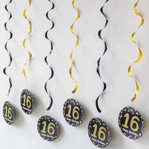 Black and gold 16th birthday PVC spiral party hanging decorations with Happy Birthday sign