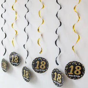 Black and gold 18th birthday party hanging swirls with Happy Birthday cards