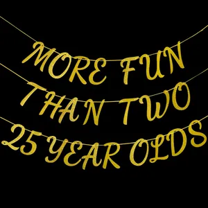 Golden glitter 50th birthday banner with More Fun Than Two 25 Year Olds text