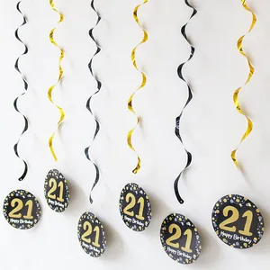 Black and gold 21st birthday hanging swirls with Happy Birthday cards for party decor