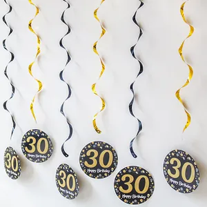 30th Birthday black and gold PVC spiral ceiling swirls with Happy Birthday pendants
