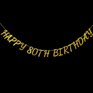 Glittery gold Happy 80th Birthday banner for party decorations on black background