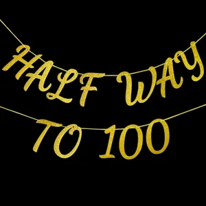 Bannière Pailletée Or Half Way To 100 Décoration Fête Cinquantième Anniversaire Lettre Brillante Ornement Suspendu Fleur Papier