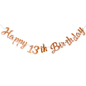 Ροζ χρυσό πανό Happy 13th Birthday με κομψή γραμματοσειρά για εφήβους