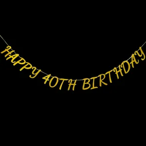 Detail of glittery gold Happy 40th Birthday banner with sparkling texture for party décor