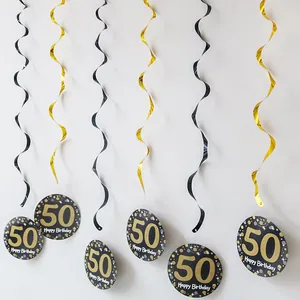 50th Birthday PVC spiral ceiling hangers with black and gold happy birthday cards