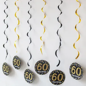 Golden and black 60th birthday PVC hanging swirls with Happy Birthday cards