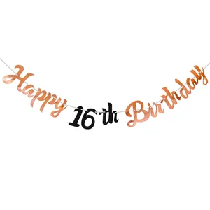 Πανό Happy 16th Birthday σε ροζ χρυσό και μαύρο για διακόσμηση πάρτι