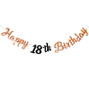Πανό 18ων γενεθλίων με ροζ χρυσό κείμενο Happy Birthday και μαύρο αριθμό 18