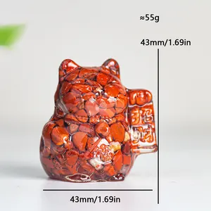 Lucky cat resin figurine with natural red crystal stones and gold calligraphy, 43mm size