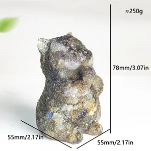 Lucky cat resin statue with natural crystals and dimensions of 78mm height and 55mm base