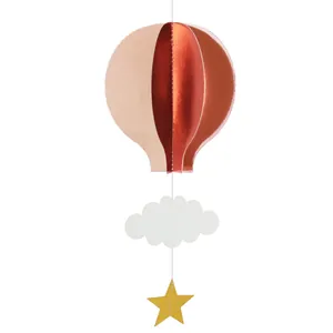 Decoración colgante globo aerostático 3D con globo oro rosa, nube blanca y estrella dorada